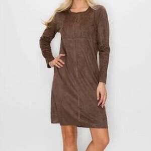 Joh Aurora Suede Round Neck Dress With Pockets Size Large Brown Umber Stretch